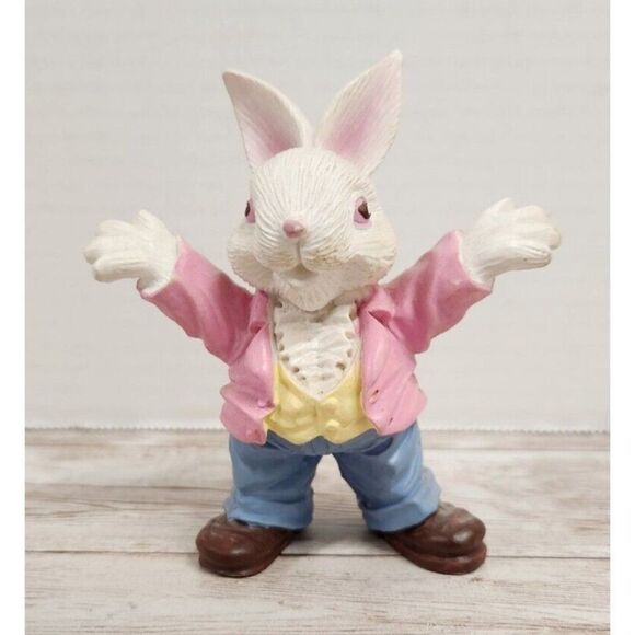 Vintage Easter Bunny Figurine Rabbit Statue 4" Pink Jacket Blue Pants Brown Shoe - Picture 1 of 11